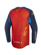 Alpinestars Maxdura Dual Jersey, äventyrsmotorcykeltröja, rostbrun och Mood Indigo med klarblå detaljer, baksida som visar hel mesh-torso, förlängt ryggparti och gula Alpinestars-logotyper på ärmar och rygg