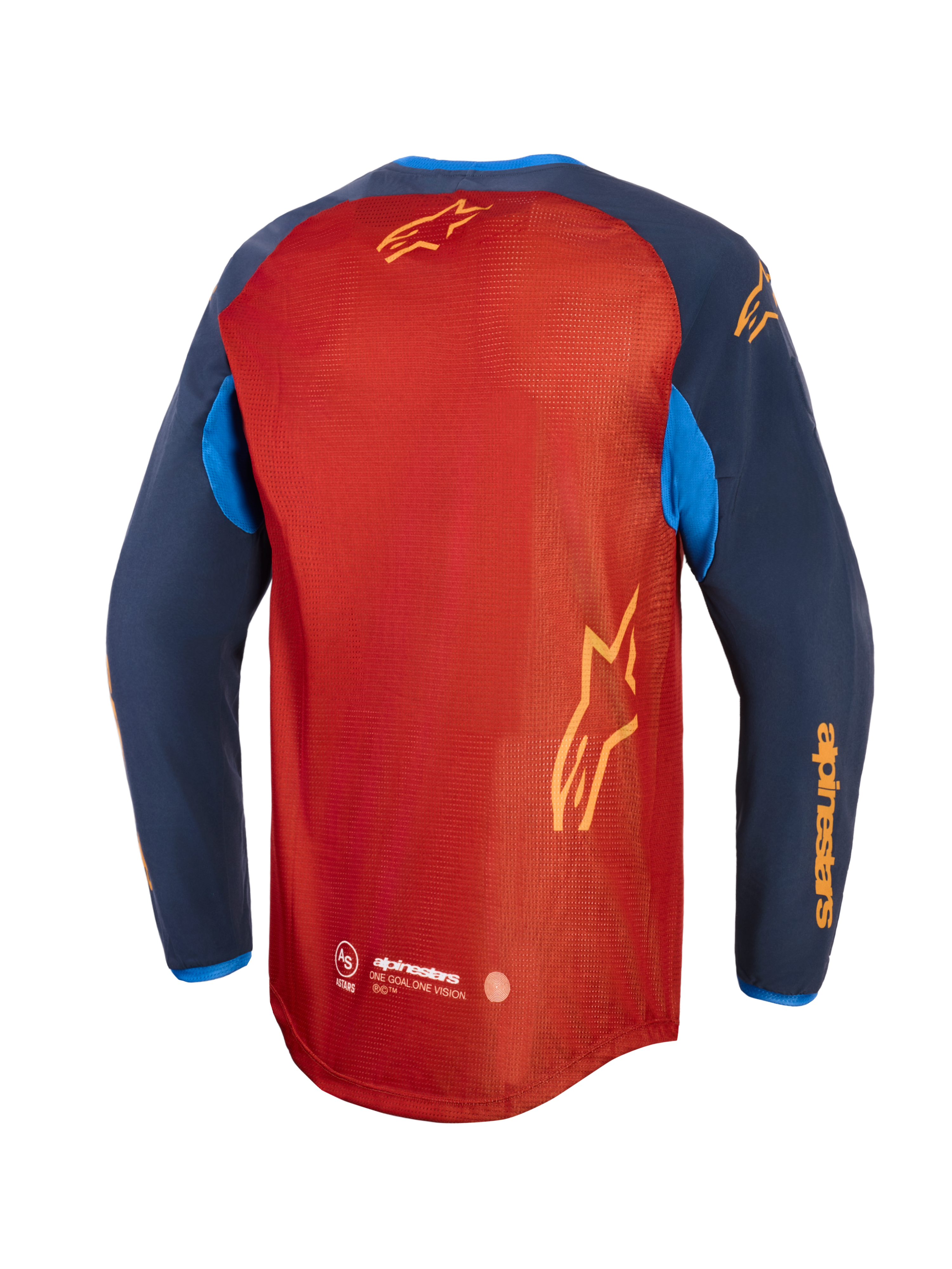 Alpinestars Maxdura Dual Jersey, äventyrsmotorcykeltröja, rostbrun och Mood Indigo med klarblå detaljer, baksida som visar hel mesh-torso, förlängt ryggparti och gula Alpinestars-logotyper på ärmar och rygg