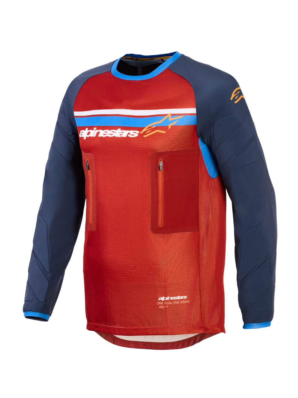 Alpinestars Maxdura Dual Jersey, röd och mörkblå, teknisk adventure-motorcykeltröja med mesh-torso, två bröstfickor med dragkedja, Alpinestars-logotyp med blå och vita ränder samt långa nötningsbeständiga ärmar.