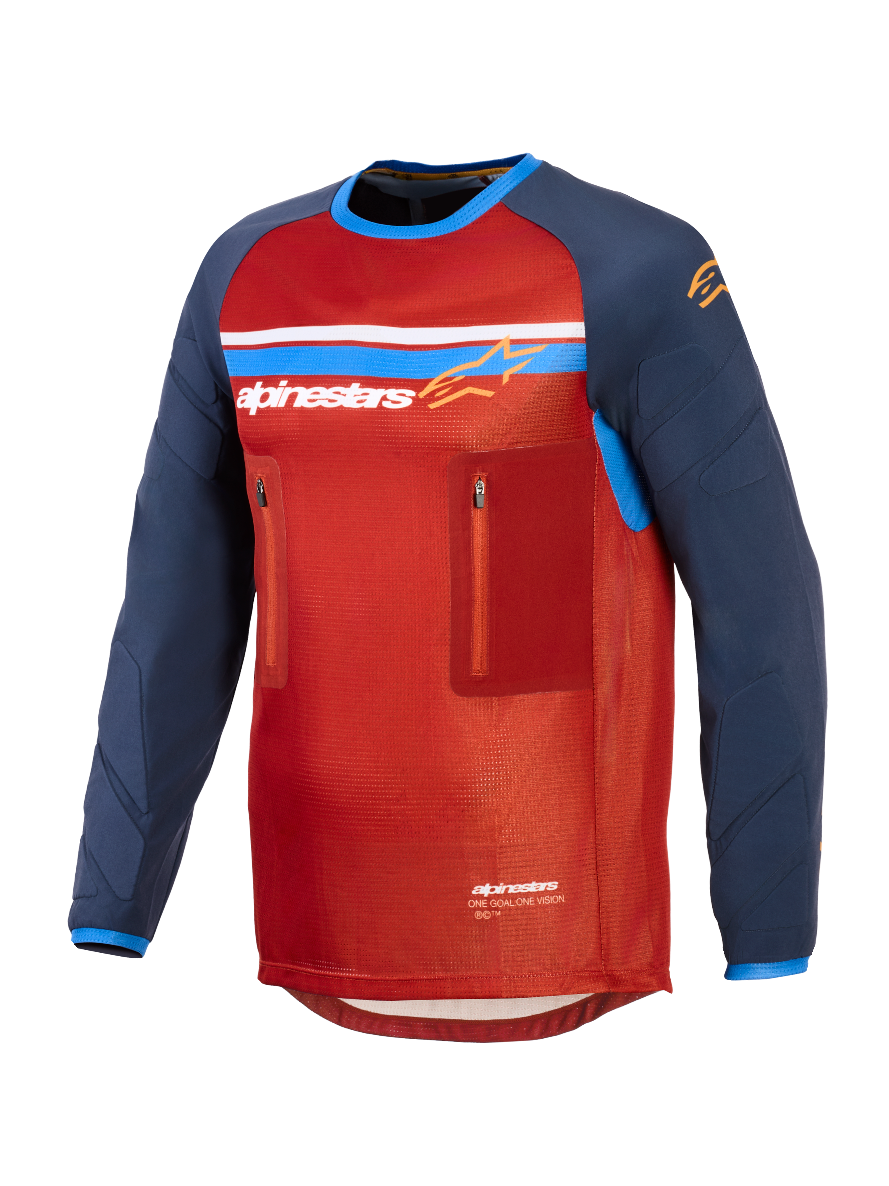 Alpinestars Maxdura Dual Jersey, röd och mörkblå, teknisk adventure-motorcykeltröja med mesh-torso, två bröstfickor med dragkedja, Alpinestars-logotyp med blå och vita ränder samt långa nötningsbeständiga ärmar.