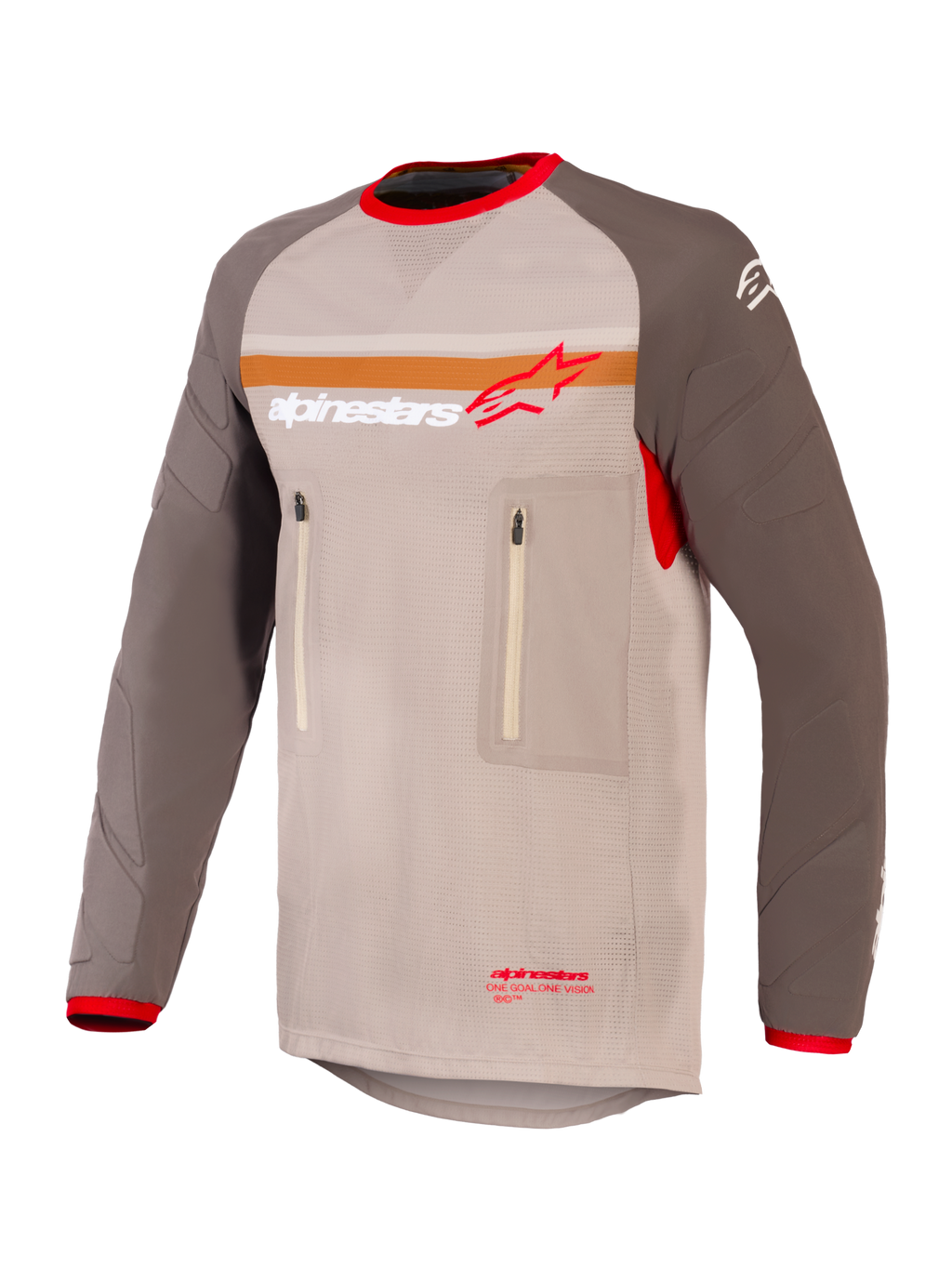 Alpinestars Maxdura Dual Jersey, motorcykeltröja för adventure och dual-sport, Aluminum Walnut och brun, torso i mesh med nötningsresistenta ärmar, dubbla bröstfickor med dragkedja, orange rand och Alpinestars-logotyp på bröstet, röda detaljer på krage och ärmslut