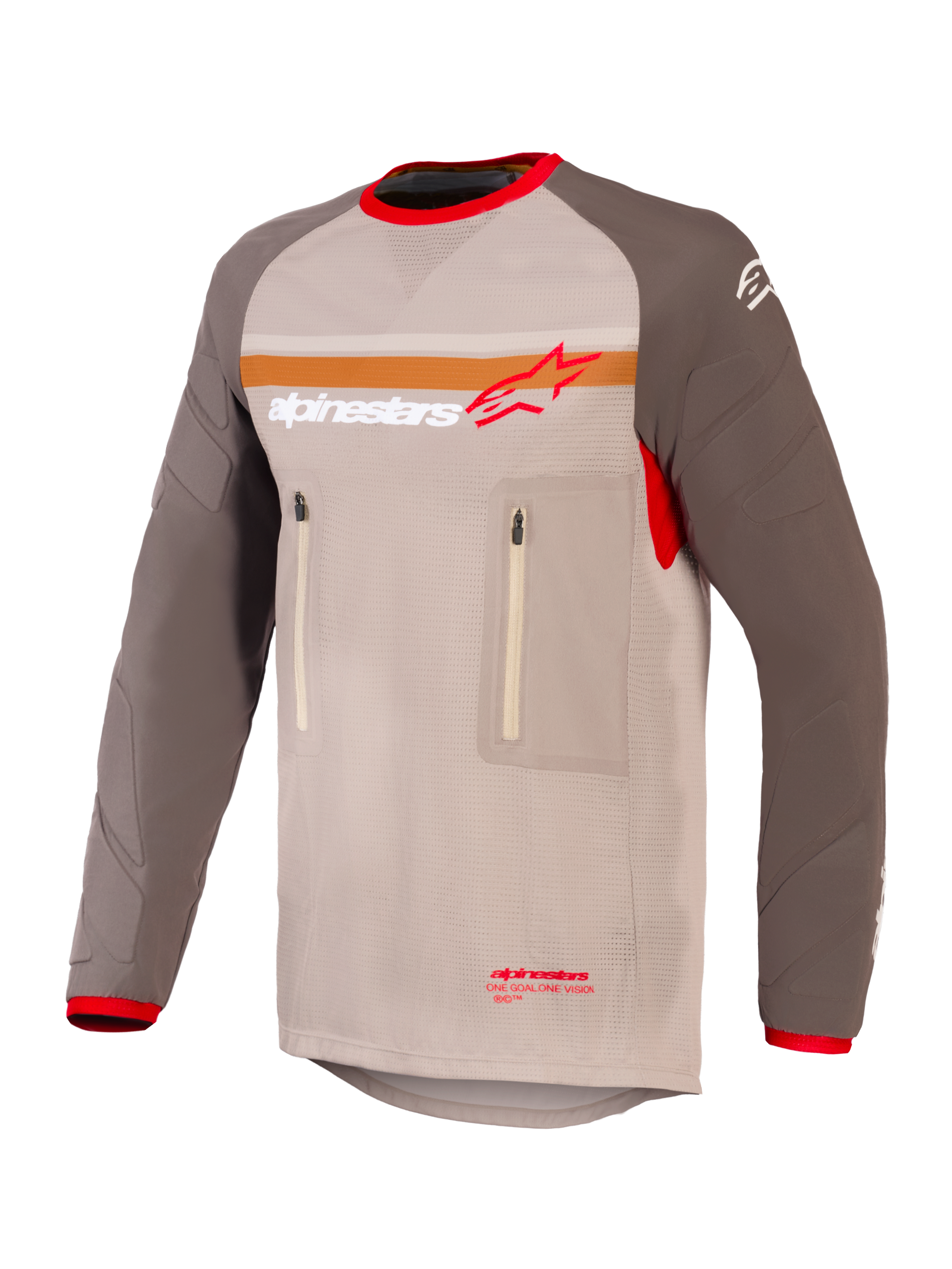 Alpinestars Maxdura Dual Jersey, motorcykeltröja för adventure och dual-sport, Aluminum Walnut och brun, torso i mesh med nötningsresistenta ärmar, dubbla bröstfickor med dragkedja, orange rand och Alpinestars-logotyp på bröstet, röda detaljer på krage och ärmslut