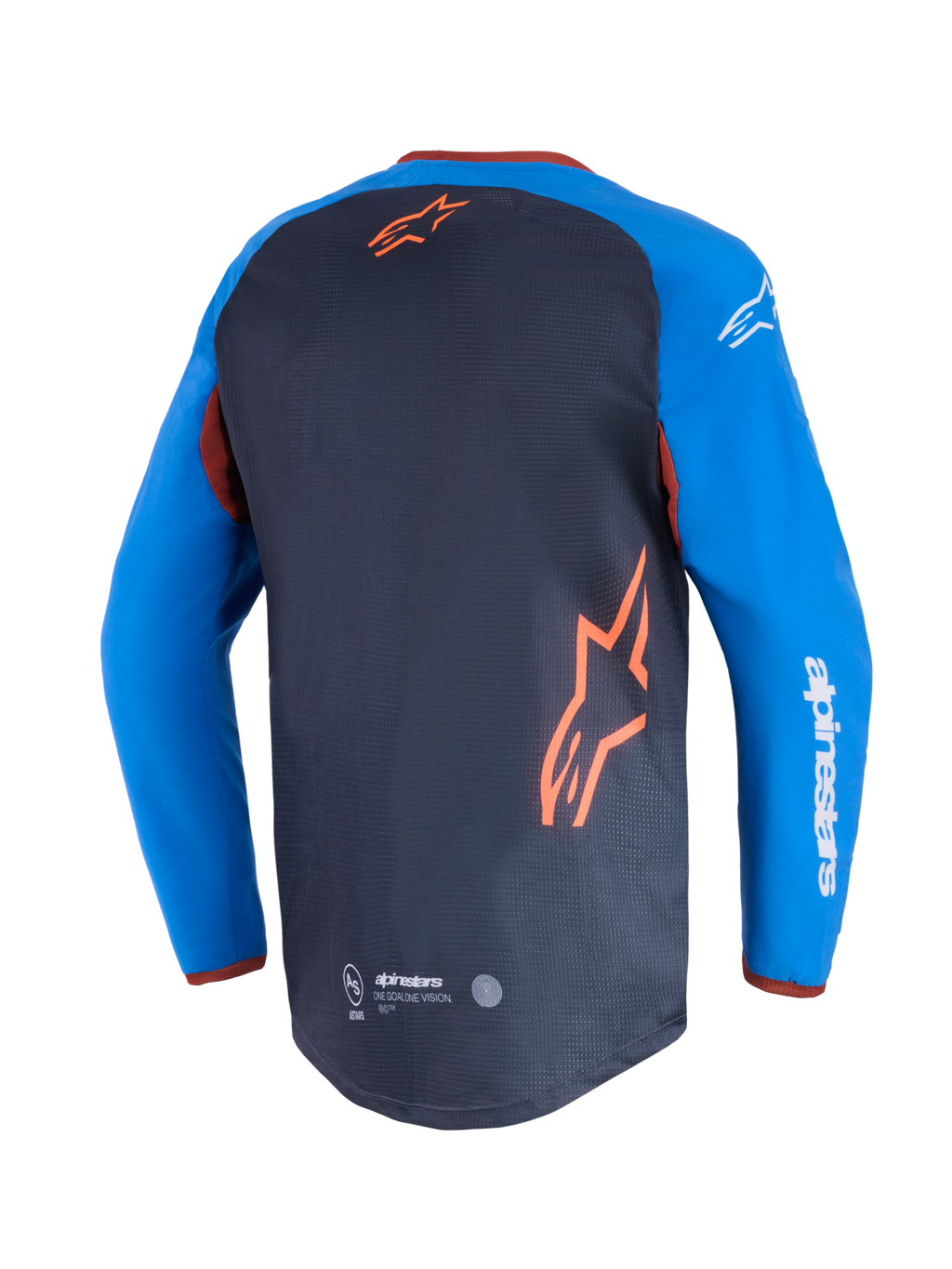 Alpinestars Maxdura Dual Jersey, motorcykeltröja, mörkgrå och kungsblå, vy bakifrån som visar mesh-panel på bålen och orange stjärnlogotyp, kungsblå ärmar med vit Alpinestars-text, förlängd bakre fåll för terrängkörning