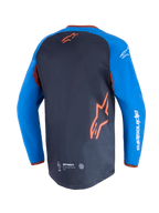 Alpinestars Maxdura Dual Jersey, motorcykeltröja, mörkgrå och kungsblå, vy bakifrån som visar mesh-panel på bålen och orange stjärnlogotyp, kungsblå ärmar med vit Alpinestars-text, förlängd bakre fåll för terrängkörning