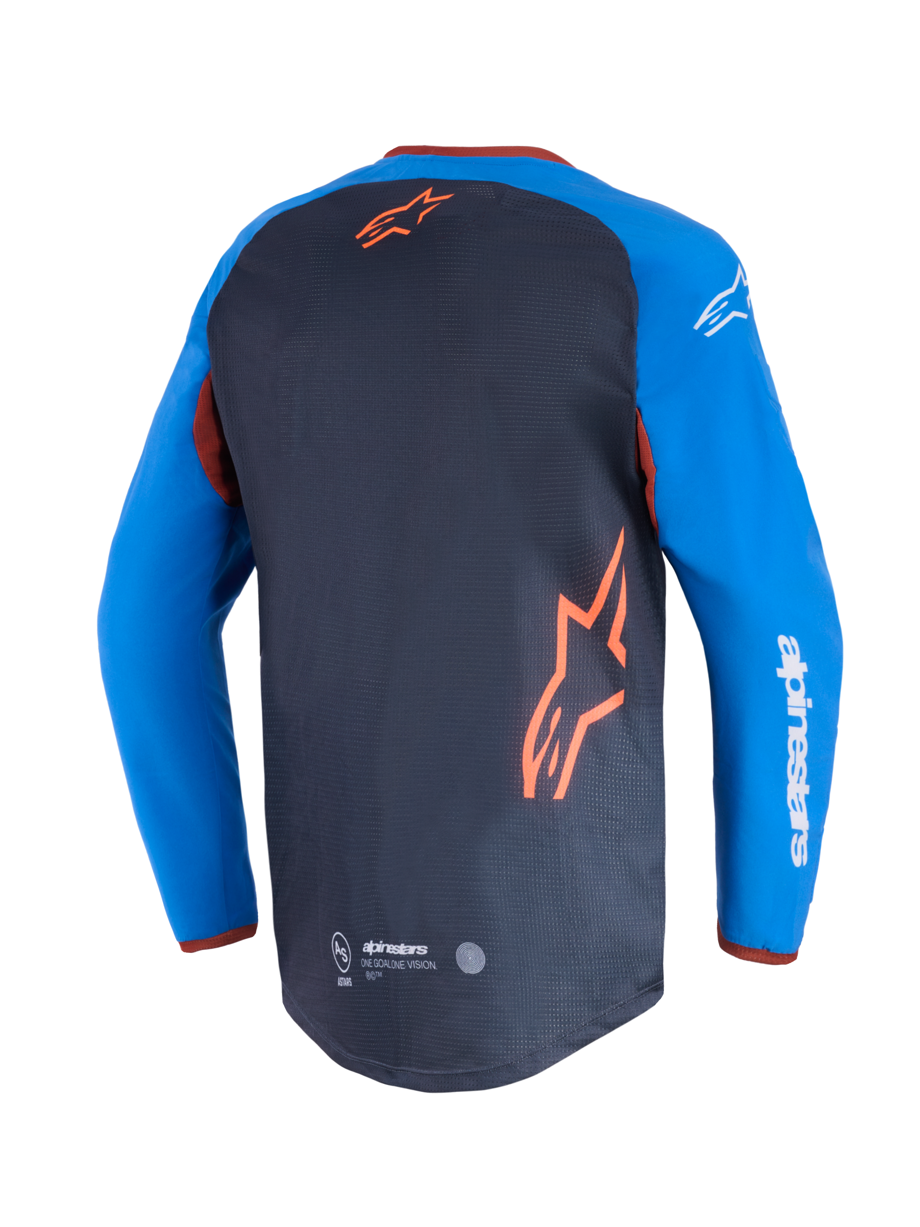 Alpinestars Maxdura Dual Jersey, motorcykeltröja, mörkgrå och kungsblå, vy bakifrån som visar mesh-panel på bålen och orange stjärnlogotyp, kungsblå ärmar med vit Alpinestars-text, förlängd bakre fåll för terrängkörning