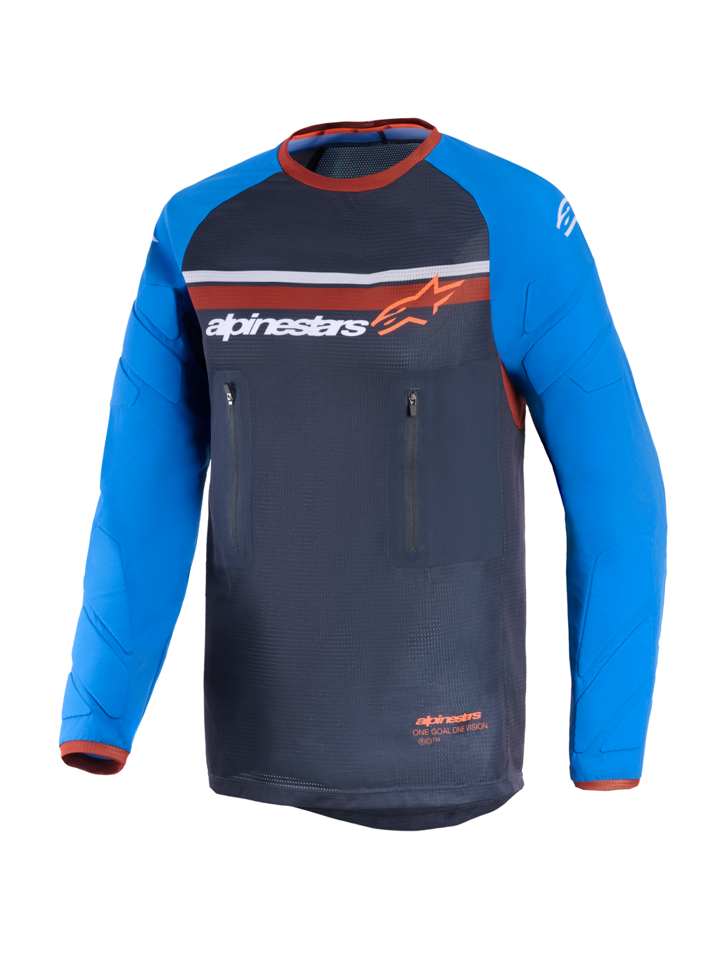 Alpinestars Maxdura Dual Jersey, mörkgrå och kungsblå, dual-sport motorcykeltröja med mesh-bål, nötningsresistenta långa ärmar med förstärkningsmönster, orange detaljer och dubbla vertikala bröstfickor med dragkedja.