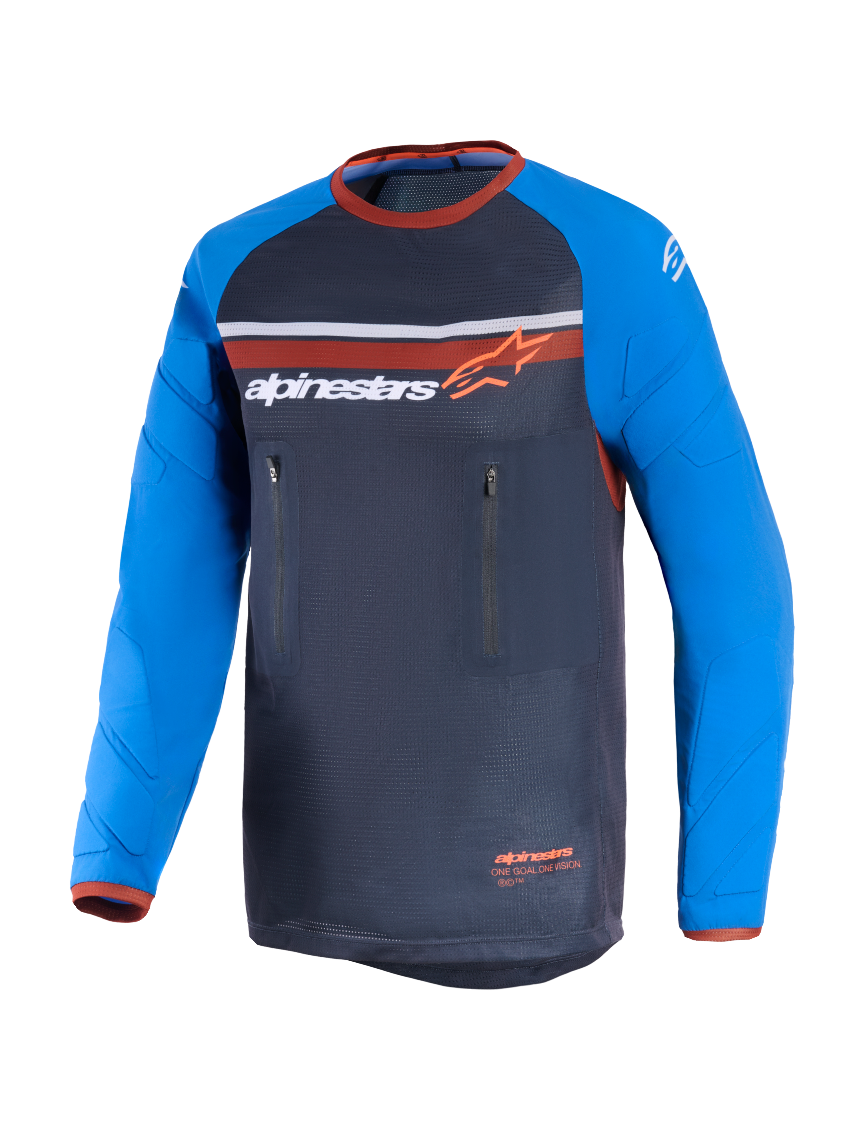 Alpinestars Maxdura Dual Jersey, mörkgrå och kungsblå, dual-sport motorcykeltröja med mesh-bål, nötningsresistenta långa ärmar med förstärkningsmönster, orange detaljer och dubbla vertikala bröstfickor med dragkedja.