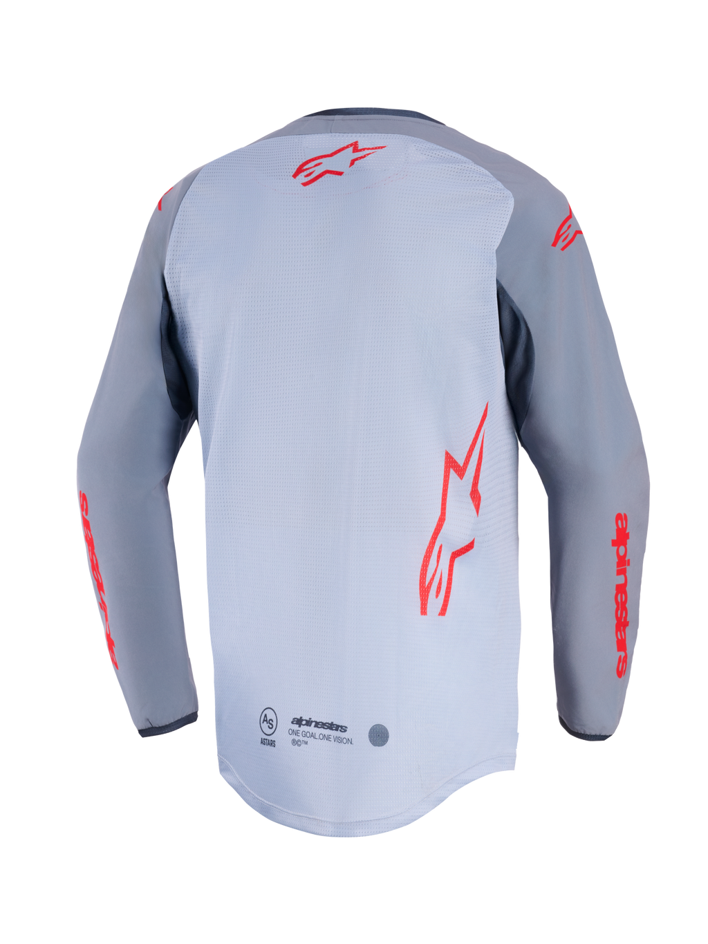 Alpinestars Maxdura Dual Jersey, bakifrån, mellangrå och mörkgrå, med röda Alpinestars-logotyper på ryggen och ärmarna, meshkonstruktion på bålen och förlängd drop-tail bakkant.