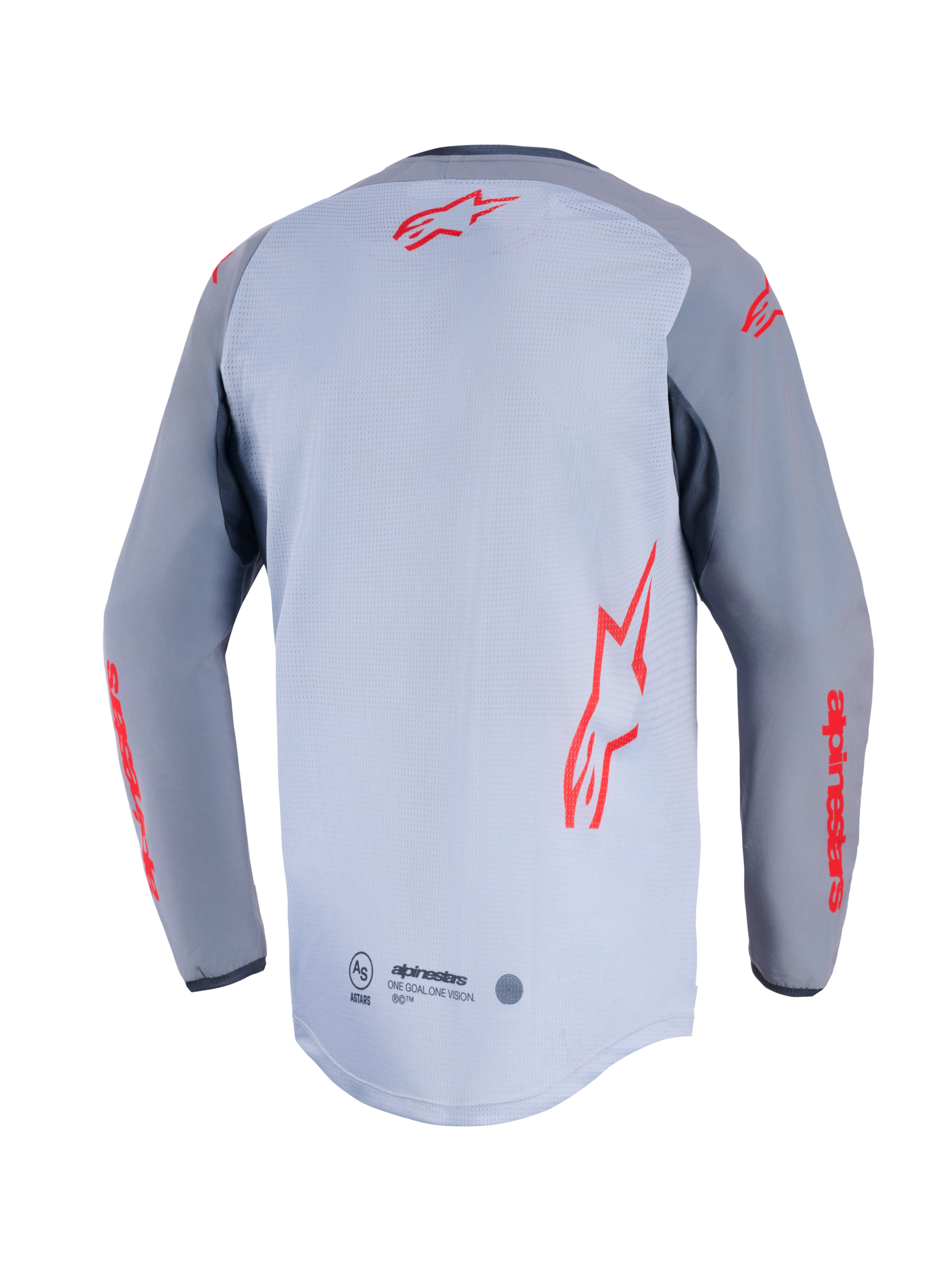 Alpinestars Maxdura Dual Jersey, bakifrån, mellangrå och mörkgrå, med röda Alpinestars-logotyper på ryggen och ärmarna, meshkonstruktion på bålen och förlängd drop-tail bakkant.