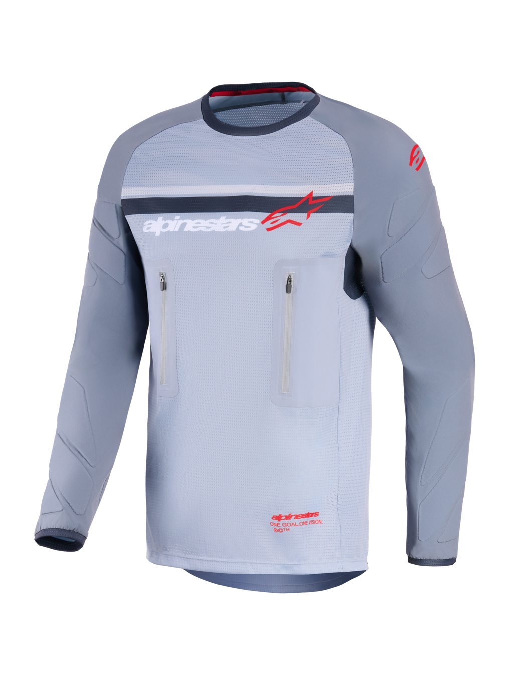 Alpinestars Maxdura Dual Jersey, äventyrströja för motorcykel, mellangrå och mörkgrå, vy framifrån med vertikala bröstfickor med dragkedja, nötningsresistenta ärmar med integrerad vaddering och Alpinestars-logotyp i rött och vitt, prestandautrustning för terrängkörning