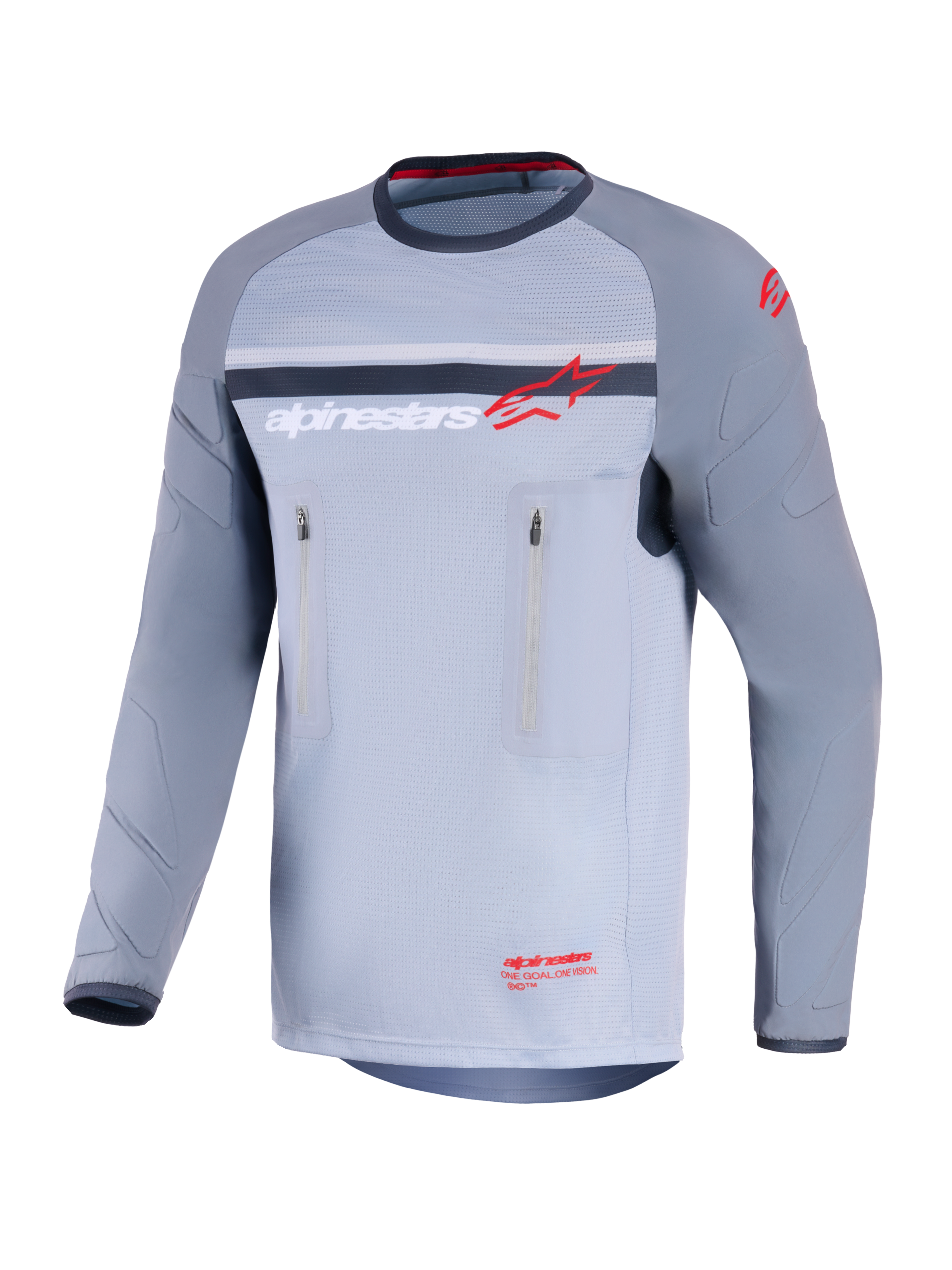 Alpinestars Maxdura Dual Jersey, äventyrströja för motorcykel, mellangrå och mörkgrå, vy framifrån med vertikala bröstfickor med dragkedja, nötningsresistenta ärmar med integrerad vaddering och Alpinestars-logotyp i rött och vitt, prestandautrustning för terrängkörning