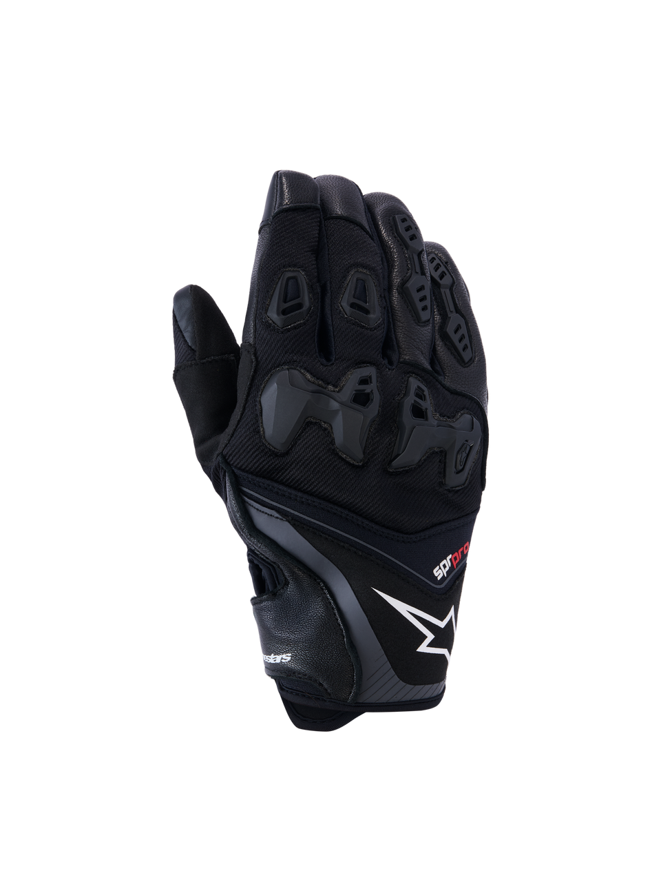 Alpinestars SP-R Pro Gloves, Black motorcycle racing gloves with white star logo and red pro text, reinforced knuckle protection, textured grip panels, ventilated fingers, premium leather construction for track and sport riding
