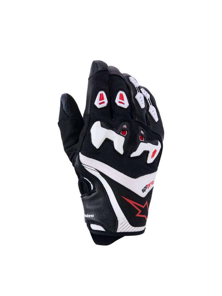 Alpinestars SP-R Pro Gloves, Motorcycle Racing Gloves, Black with White and Red Accents, Hard Knuckle Protection, Textured Leather and Mesh Construction, Red Star Logo on Wrist