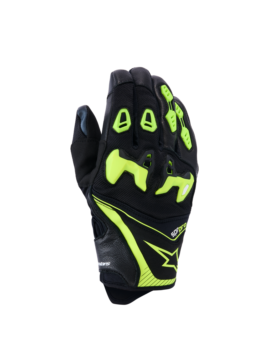 Alpinestars SP-R Pro handskar, motorcykelracinghandskar, svart och neongul, med delat TPU-knogskydd, konstruktion i perforerat läder och textil, klara neonaccenter med Alpinestars-logotyp och sp-r pro-branding på manschetten