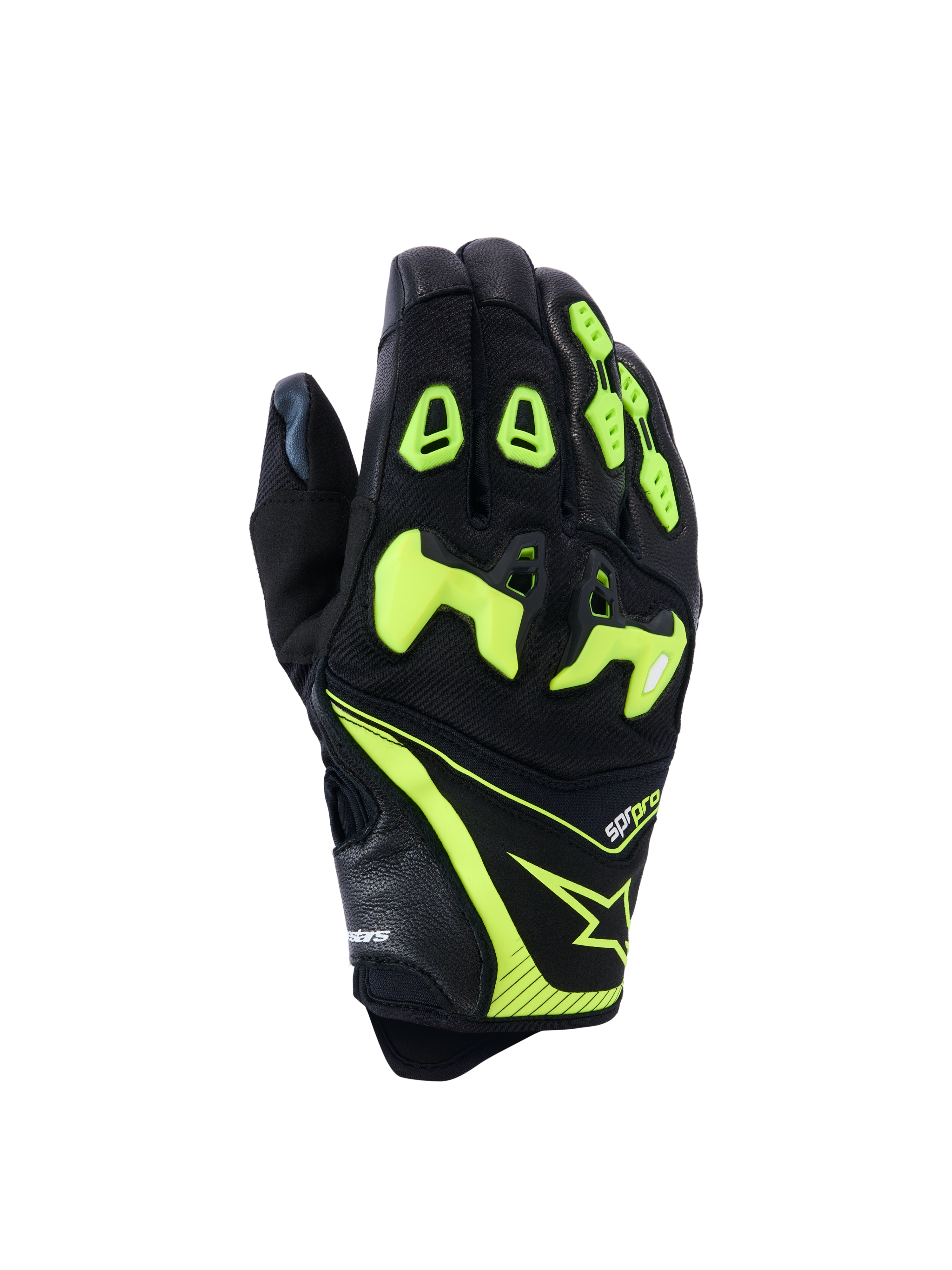 Alpinestars SP-R Pro handskar, motorcykelracinghandskar, svart och neongul, med delat TPU-knogskydd, konstruktion i perforerat läder och textil, klara neonaccenter med Alpinestars-logotyp och sp-r pro-branding på manschetten