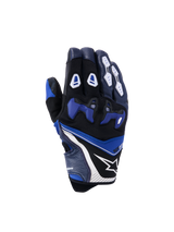 Alpinestars SP-R Pro Gloves, Motorcycle Racing Gloves, Black Blue and White, protective knuckles and fingers, star logo, textured grip surfaces, ergonomic design, synthetic materials