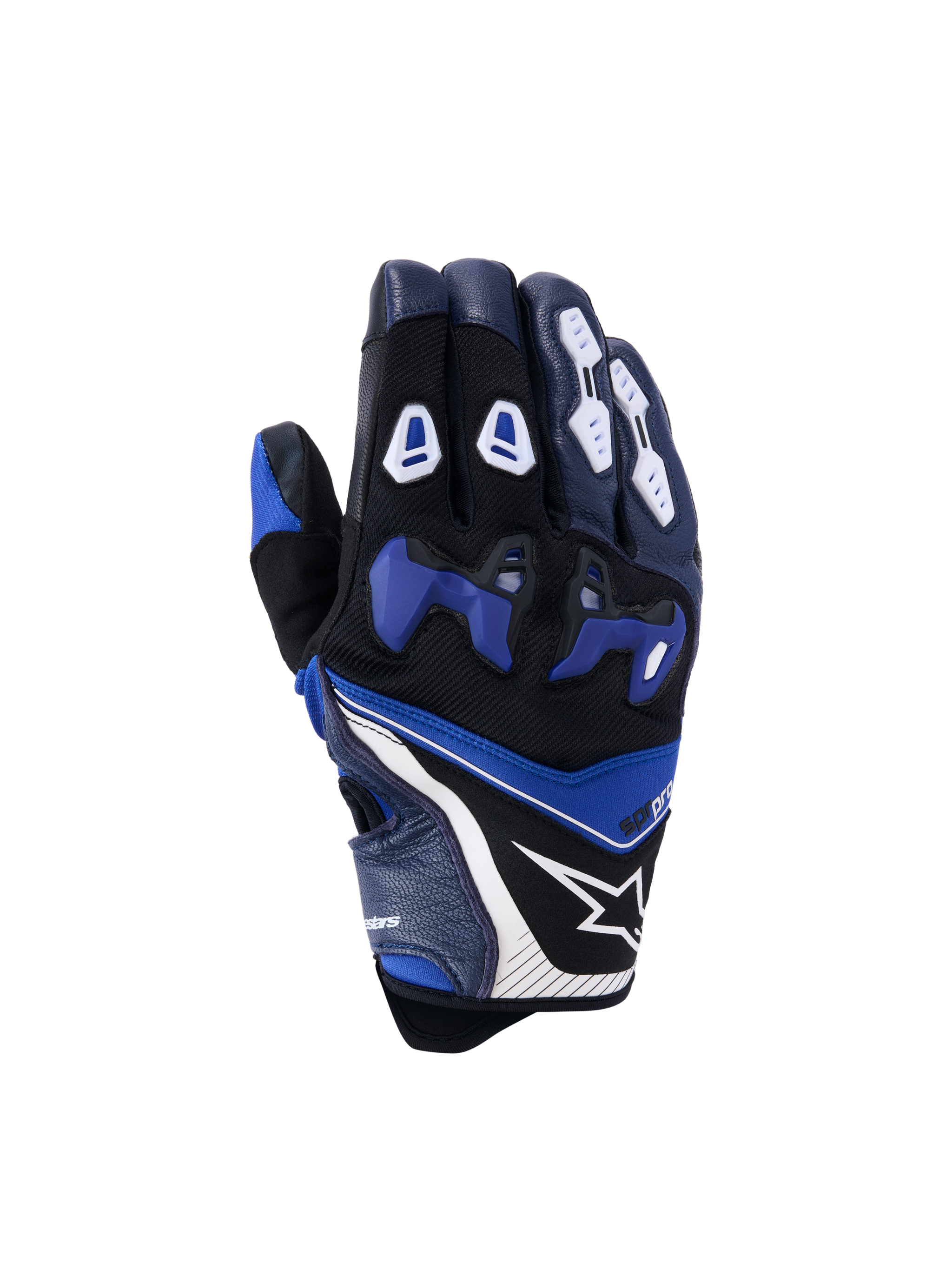 Alpinestars SP-R Pro Gloves, Motorcycle Racing Gloves, Black Blue and White, protective knuckles and fingers, star logo, textured grip surfaces, ergonomic design, synthetic materials