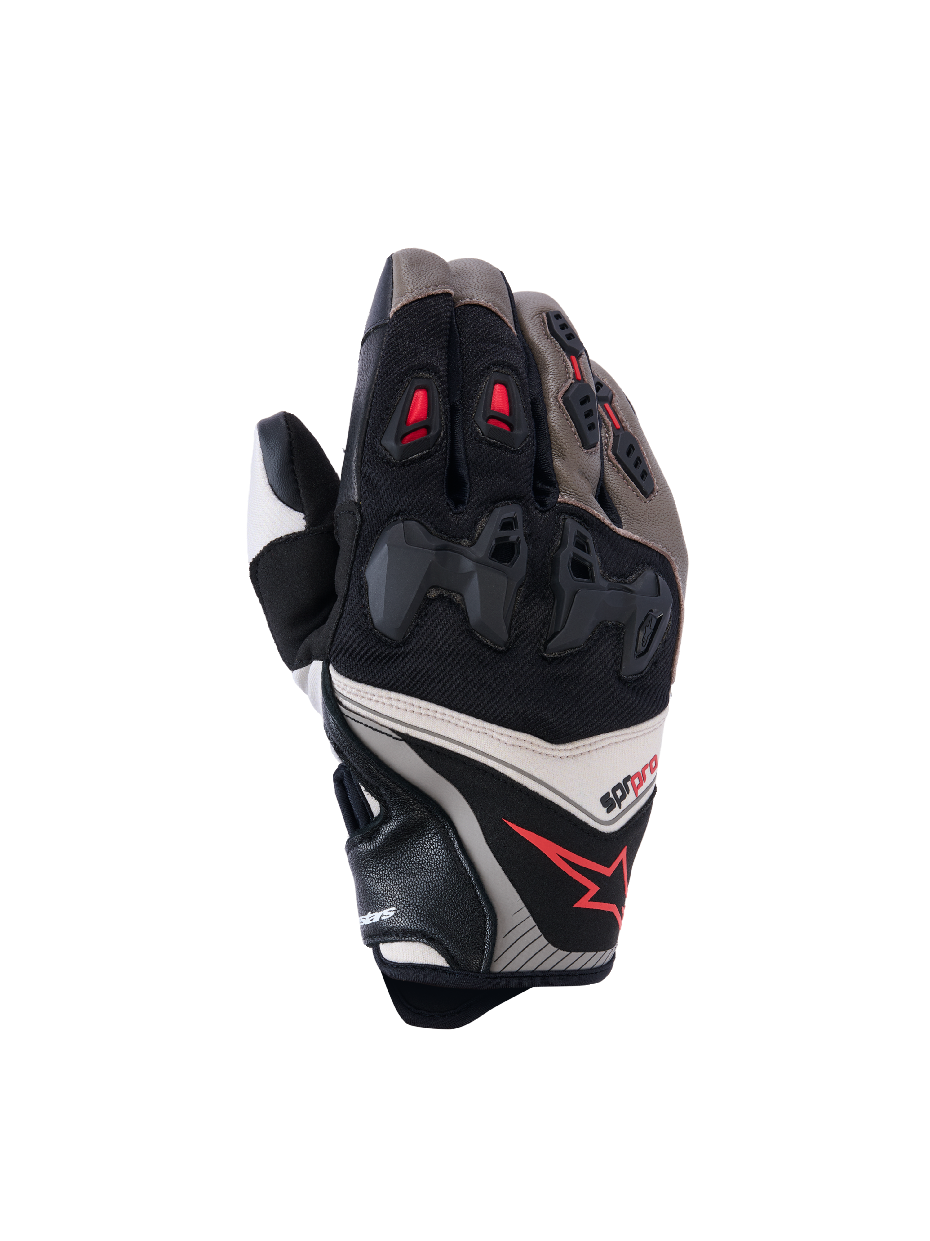 Alpinestars SP-R Pro-handskar, motorcykelracinghandskar, valnöt, mastic och svart med röda detaljer, med delat hårt knogskydd, läder- och textilkonstruktion, prestandaorienterad sportdesign