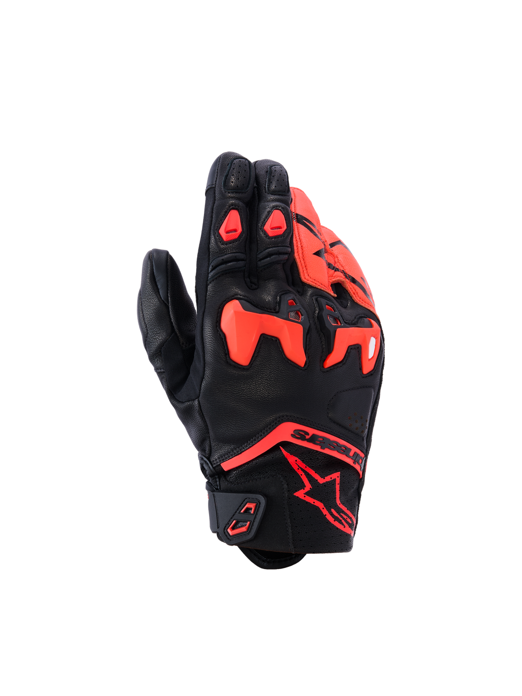 Alpinestars SP-R Tech-handskar, motorcykelhandskar, svarta och fluorescerande röda, med delat TPU-knogskydd och perforerade läderpaneler, sportig design med kort manschett och röd Astars-logotyp