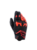 Alpinestars SP-R Tech-handskar, motorcykelhandskar, svarta och fluorescerande röda, med delat TPU-knogskydd och perforerade läderpaneler, sportig design med kort manschett och röd Astars-logotyp