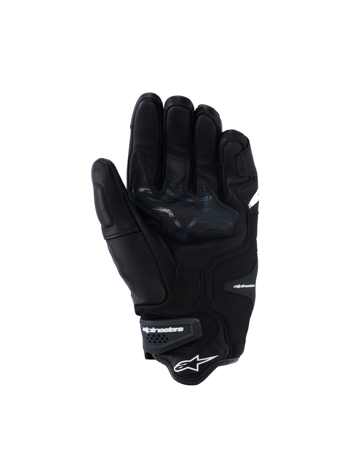Alpinestars SP-R Tech-handskar, svarta motorcykelhandskar i läder, vy av handflatan som visar förstärkta greppzoner och stjärnlogotyp, elastisk handled med Alpinestars-märkning, sportutrustning i getläder