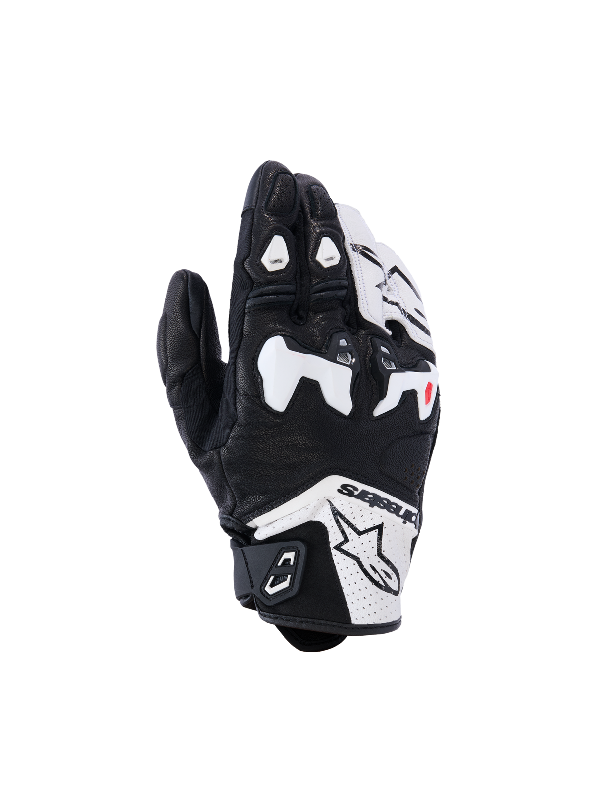 Alpinestars SP-R Tech handskar, motorcykelracinghandskar, svarta och vita, vitt TPU-delat knogskydd, perforerad läderkonstruktion, Alpinestars-logotyp på manschetten och röda fingerdetaljer, sportdesign med kort manschett.