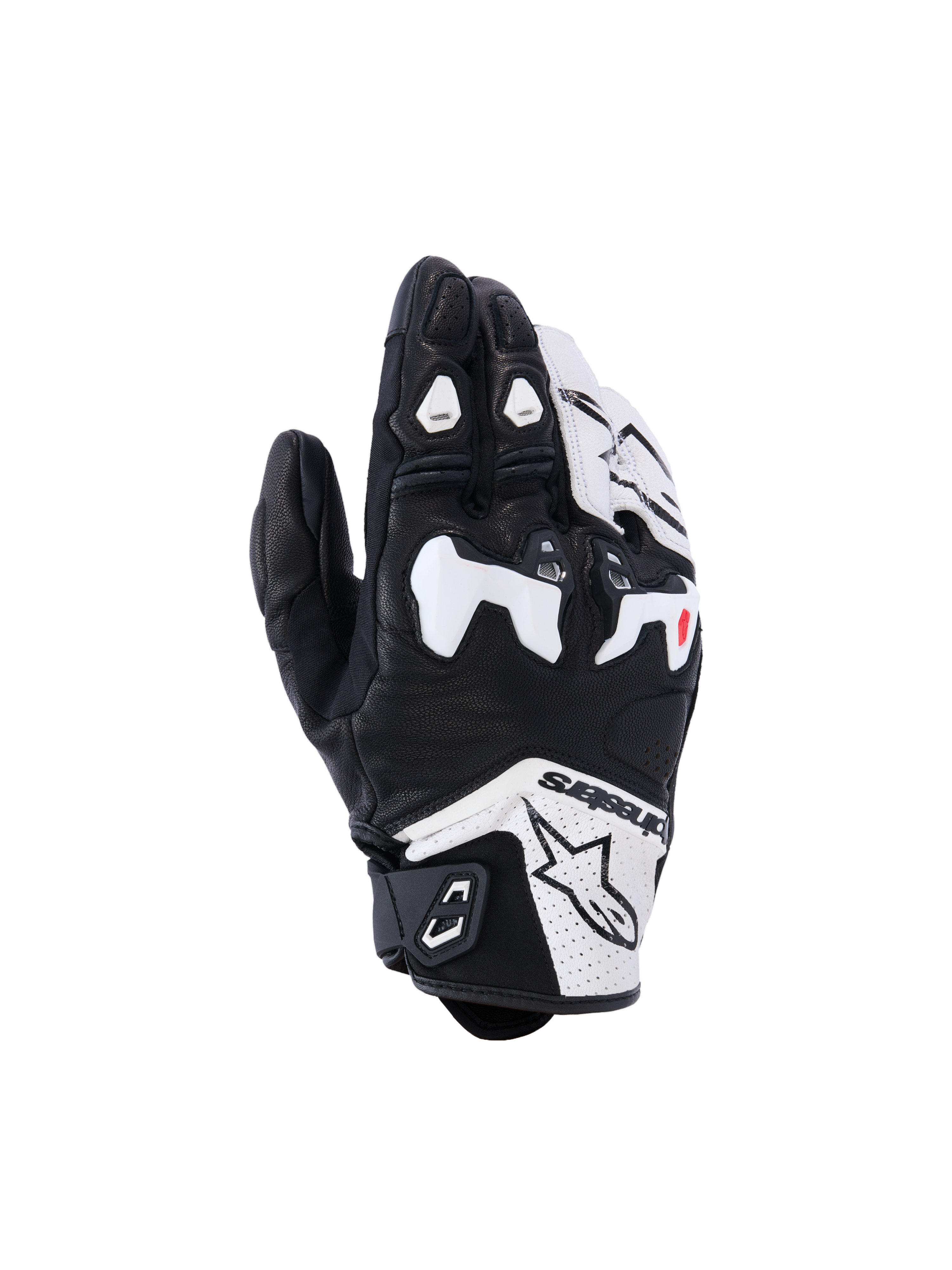 Alpinestars SP-R Tech handskar, motorcykelracinghandskar, svarta och vita, vitt TPU-delat knogskydd, perforerad läderkonstruktion, Alpinestars-logotyp på manschetten och röda fingerdetaljer, sportdesign med kort manschett.