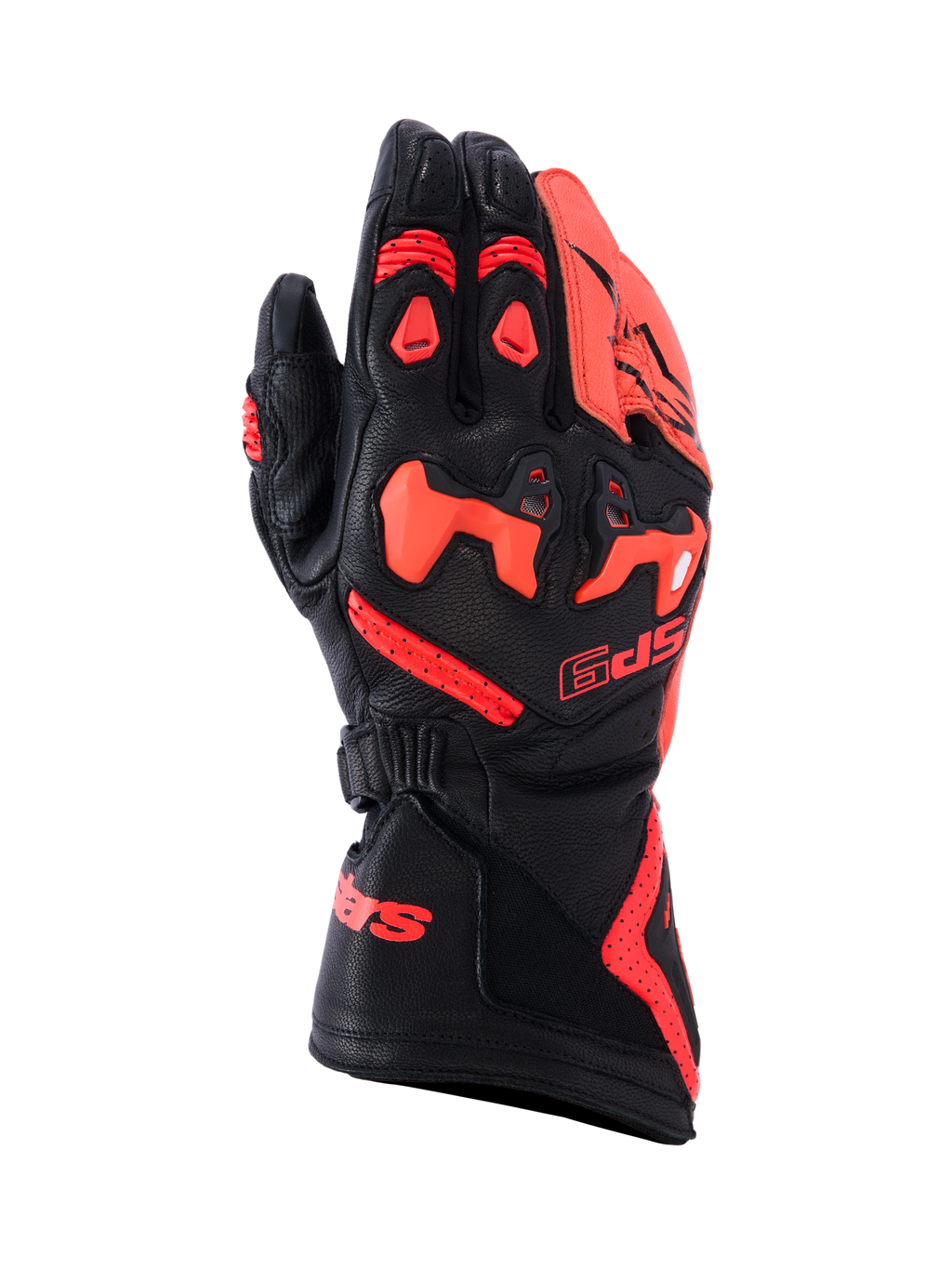 Alpinestars SP-9 handskar, racing- och sporthandskar för motorcykel, svarta och röd fluo, konstruktion i fullnarvigt getläder med SP-R delat TPU-knogskydd, perforerad handrygg för luftflöde, lång manschett med framträdande röd logotyp, högpresterande skyddsutrustning för sportkörning