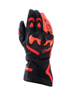 Alpinestars SP-9 handskar, racing- och sporthandskar för motorcykel, svarta och röd fluo, konstruktion i fullnarvigt getläder med SP-R delat TPU-knogskydd, perforerad handrygg för luftflöde, lång manschett med framträdande röd logotyp, högpresterande skyddsutrustning för sportkörning