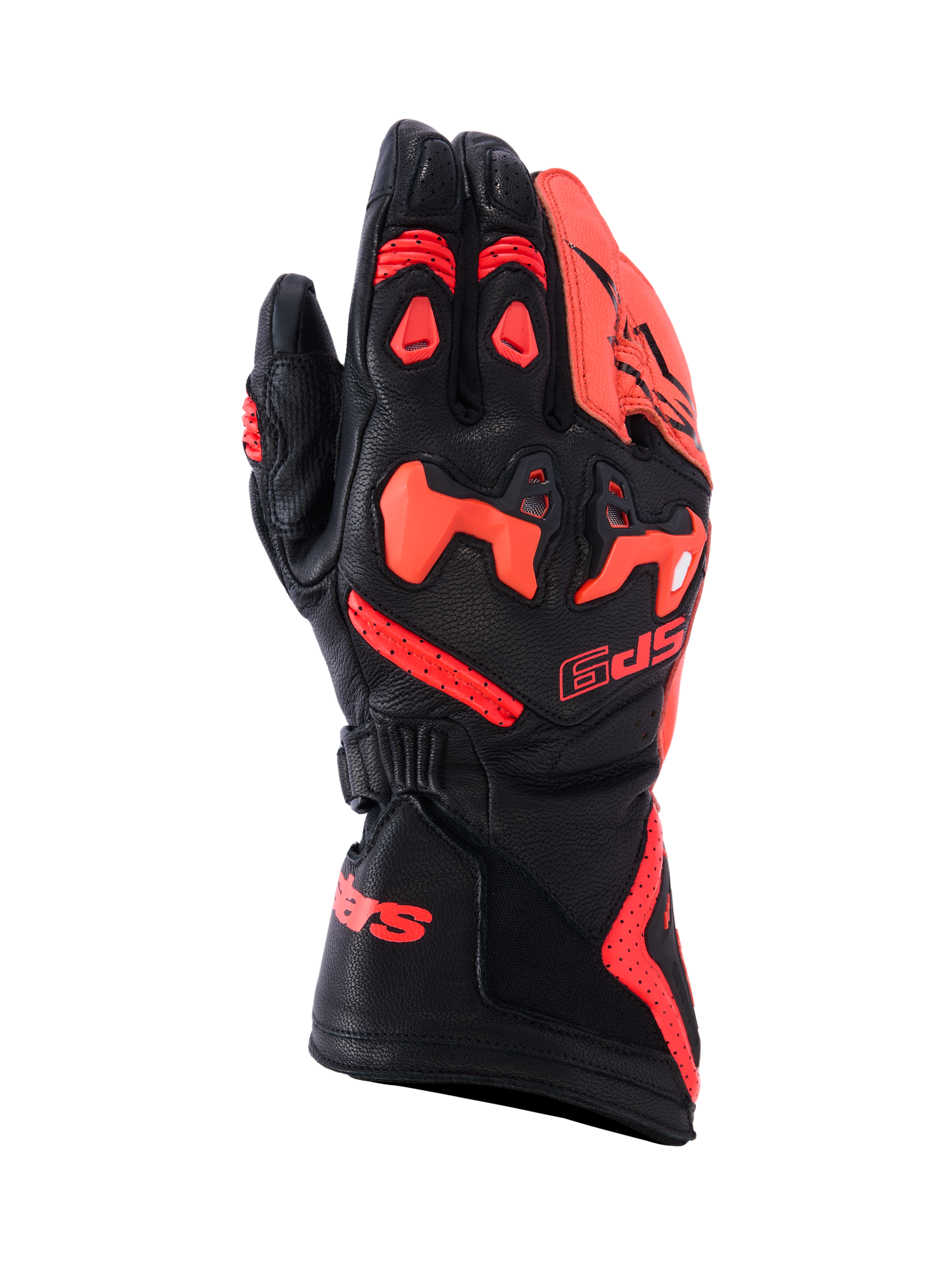 Alpinestars SP-9 handskar, racing- och sporthandskar för motorcykel, svarta och röd fluo, konstruktion i fullnarvigt getläder med SP-R delat TPU-knogskydd, perforerad handrygg för luftflöde, lång manschett med framträdande röd logotyp, högpresterande skyddsutrustning för sportkörning