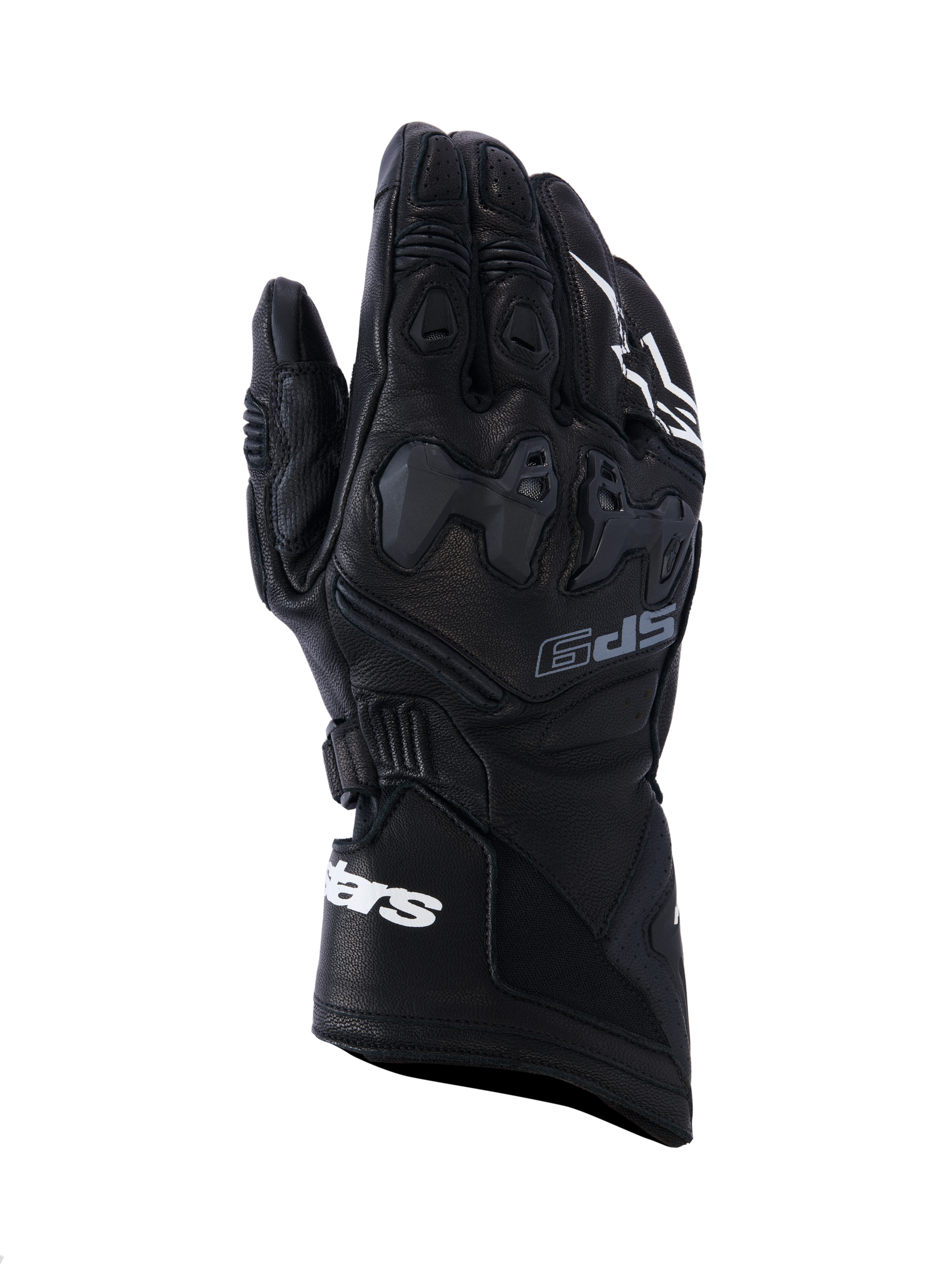 Alpinestars SP-9 handskar, motorcykelracinghandskar, svarta med vita logotyper, texturerat läder med gummiförstärkningar, knogskydd, ergonomisk design för högpresterande körning