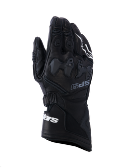 Alpinestars SP-9 Gloves, Black Motorcycle Racing Gloves, full-grain leather with SP-R TPU knuckle protection, long cuff with white Alpinestars branding, perforated details and ergonomic sport design