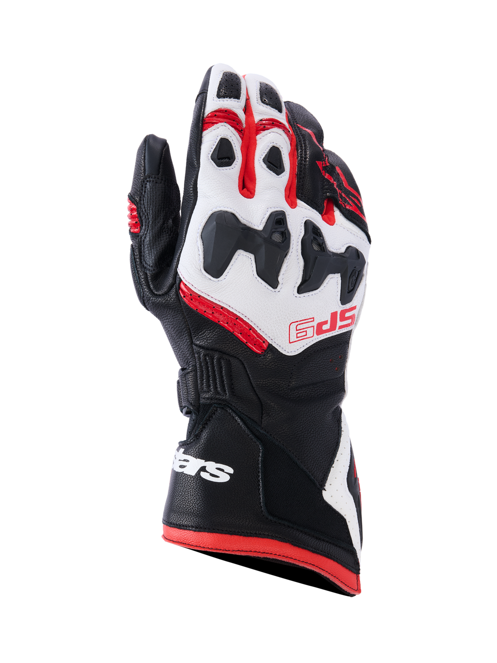 Alpinestars SP-9-handskar, motorcykelhandskar för racing, svarta, vita och klarröda, med SP-R-delat knogskydd, perforerat getläder, röd SP-9-logotyp på handryggen och vit logotyp på den långa manschetten med dubbelstängning.