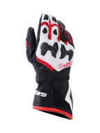 Alpinestars SP-9-handskar, motorcykelhandskar för racing, svarta, vita och klarröda, med SP-R-delat knogskydd, perforerat getläder, röd SP-9-logotyp på handryggen och vit logotyp på den långa manschetten med dubbelstängning.
