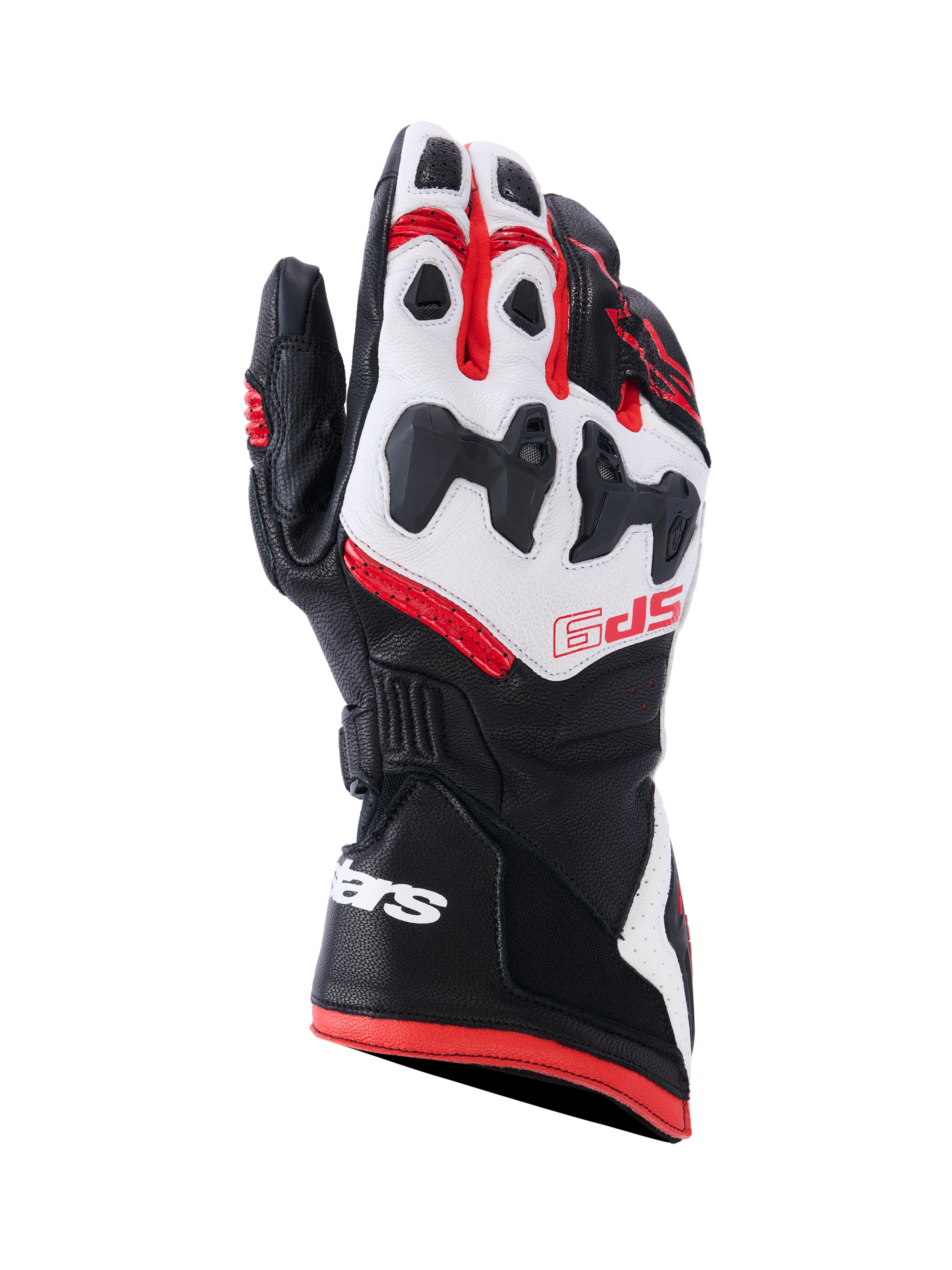 Alpinestars SP-9-handskar, motorcykelhandskar för racing, svarta, vita och klarröda, med SP-R-delat knogskydd, perforerat getläder, röd SP-9-logotyp på handryggen och vit logotyp på den långa manschetten med dubbelstängning.