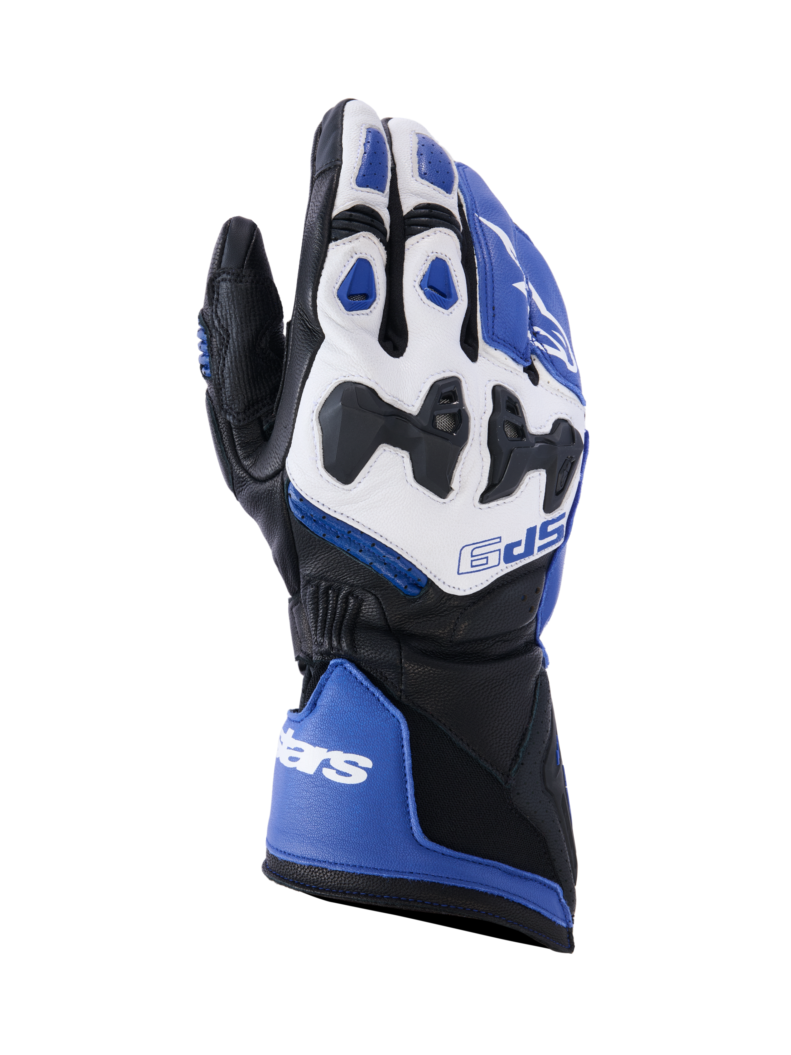 Alpinestars SP-9 handskar, racing- och sporthandskar för motorcykel, klarblå, vita och svarta, getläderkonstruktion med SP-R-delat knogskydd, lång manschett med dubbel stängning, sportig design för prestanda på både bana och väg