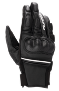 Alpinestars Phenom Leather Gloves, Black and White, short-cuff motorcycle gloves with hard knuckle protection, perforated leather details, white Alpinestars branding on the index finger, and white stripe accent at the wrist