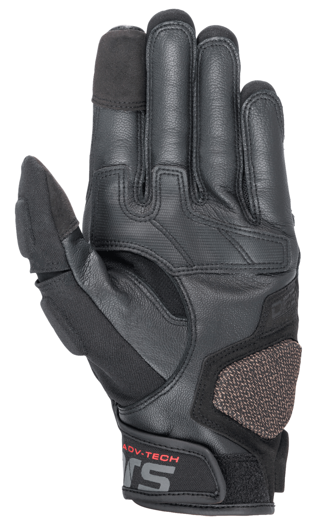 Alpinestars Halo läderhandskar, äventyrsmotorcykelhandskar, svarta, vy från handflatan som visar läder- och textilkonstruktion, förstärkt ARshield-landningsplatta, gummigrepp och pekskärmskompatibla fingertoppar