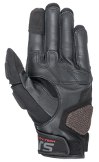 Alpinestars Halo läderhandskar, äventyrsmotorcykelhandskar, svarta, vy från handflatan som visar läder- och textilkonstruktion, förstärkt ARshield-landningsplatta, gummigrepp och pekskärmskompatibla fingertoppar