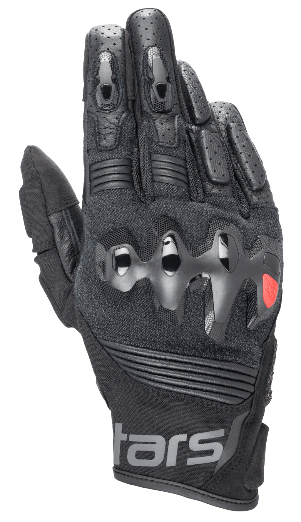 Alpinestars Halo läderhandskar, svarta motorcykelhandskar med hårt överinjicerat knogskydd, perforerade läderfingrar, konstruktion i mesh och läder, röd logotypdetalj