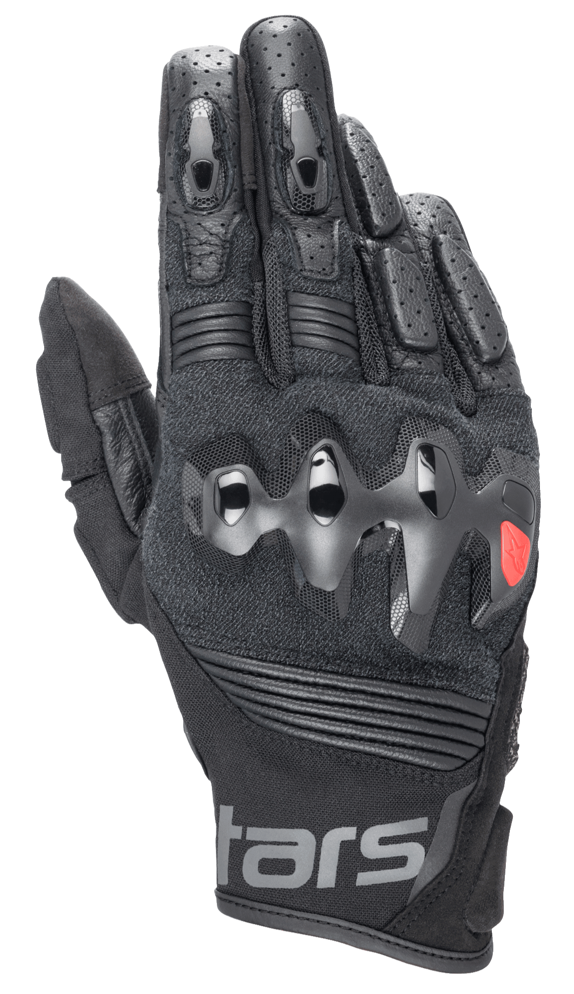 Alpinestars Halo läderhandskar, svarta motorcykelhandskar med hårt överinjicerat knogskydd, perforerade läderfingrar, konstruktion i mesh och läder, röd logotypdetalj