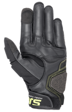 Alpinestars Halo läderhandskar, äventyrsmotorcykelhandskar, Forest Black och Yellow Fluo, vy av handflatan som visar förstärkt läderkonstruktion, fluorescerande gula sömmar och pekskärmskompatibla fingertoppar på pekfinger och tumme.