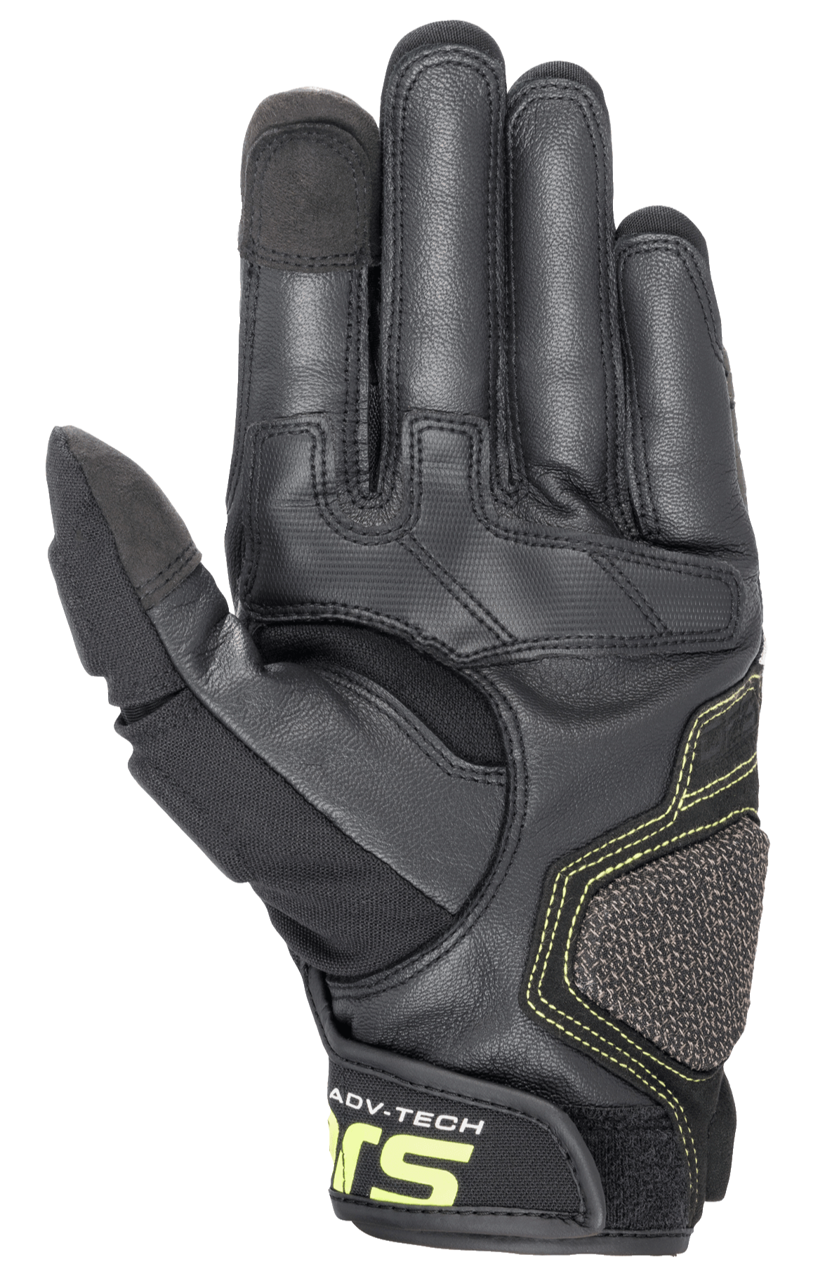 Alpinestars Halo läderhandskar, äventyrsmotorcykelhandskar, Forest Black och Yellow Fluo, vy av handflatan som visar förstärkt läderkonstruktion, fluorescerande gula sömmar och pekskärmskompatibla fingertoppar på pekfinger och tumme.