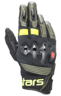 Alpinestars Halo Läderhandskar, motorcykelhandskar, olivgröna och svarta med neongula detaljer, överinjicerat knogskydd, perforerad läderkonstruktion, Adventure Touring-stil