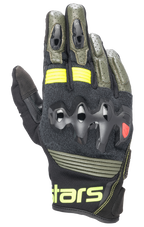 Alpinestars Halo Läderhandskar, motorcykelhandskar, olivgröna och svarta med neongula detaljer, överinjicerat knogskydd, perforerad läderkonstruktion, Adventure Touring-stil