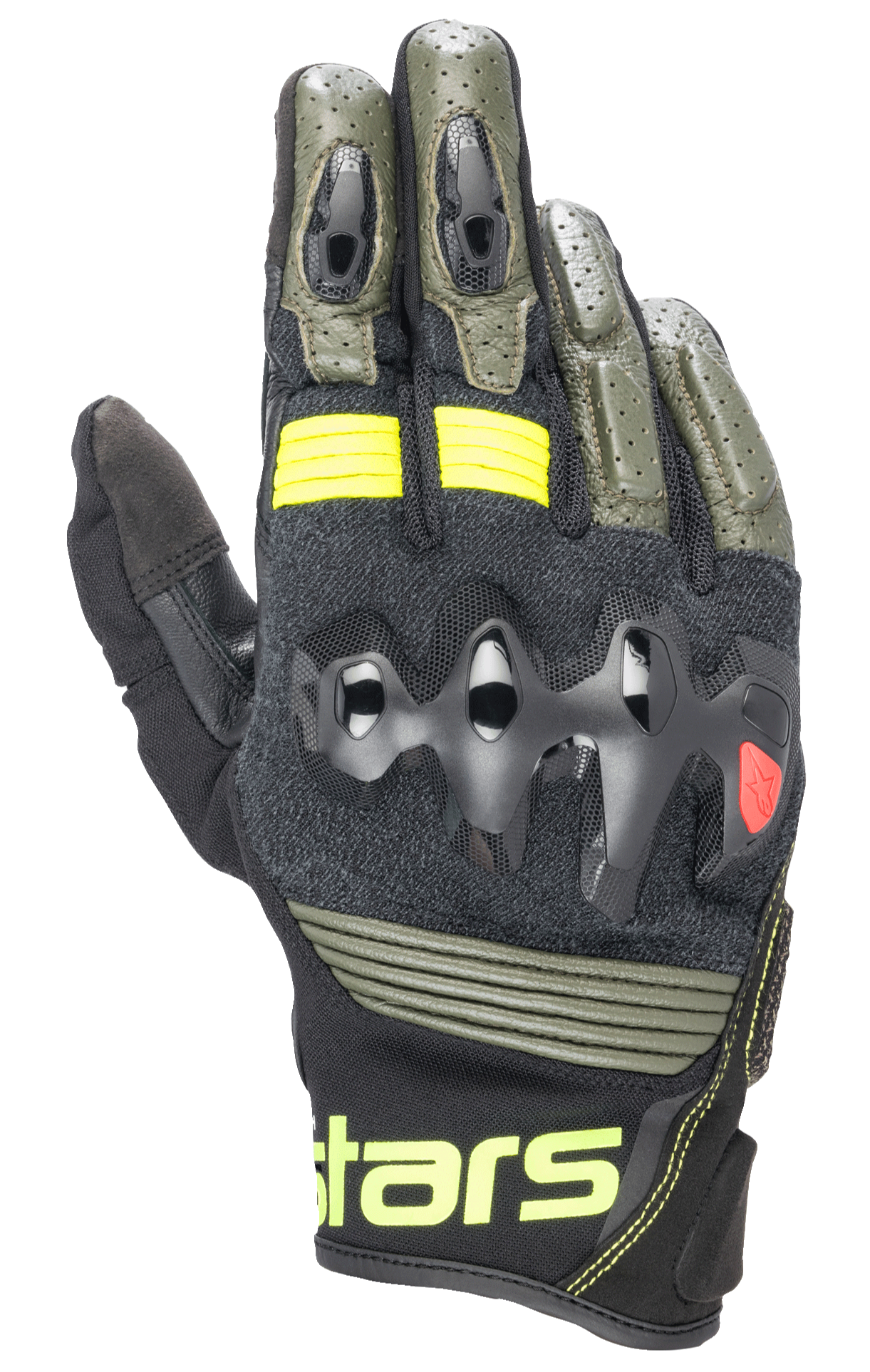 Alpinestars Halo Läderhandskar, motorcykelhandskar, olivgröna och svarta med neongula detaljer, överinjicerat knogskydd, perforerad läderkonstruktion, Adventure Touring-stil