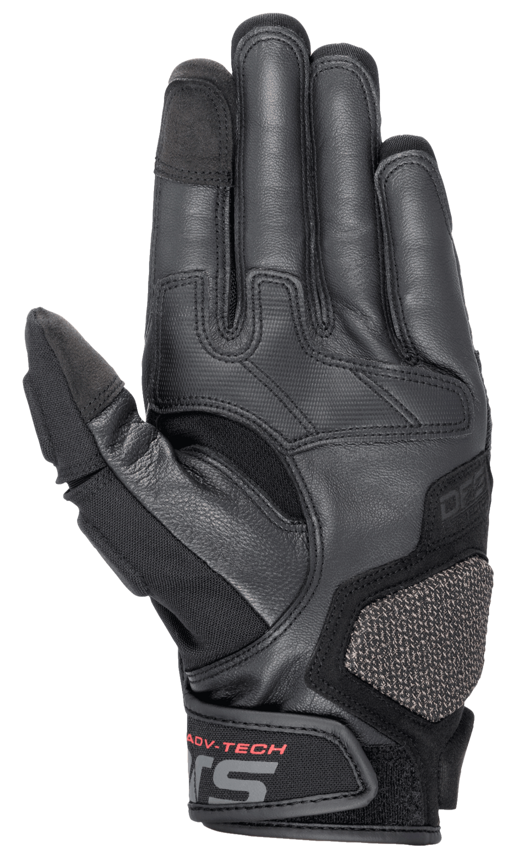 Alpinestars Halo läderhandskar, motorcykelhandskar för äventyrstouring, mörkblå och svarta, vy av handflatan med premium getläder, gummierade greppzoner, ARshield-landningsplatta och röd ADV-TECH-text på handledsstängningen.