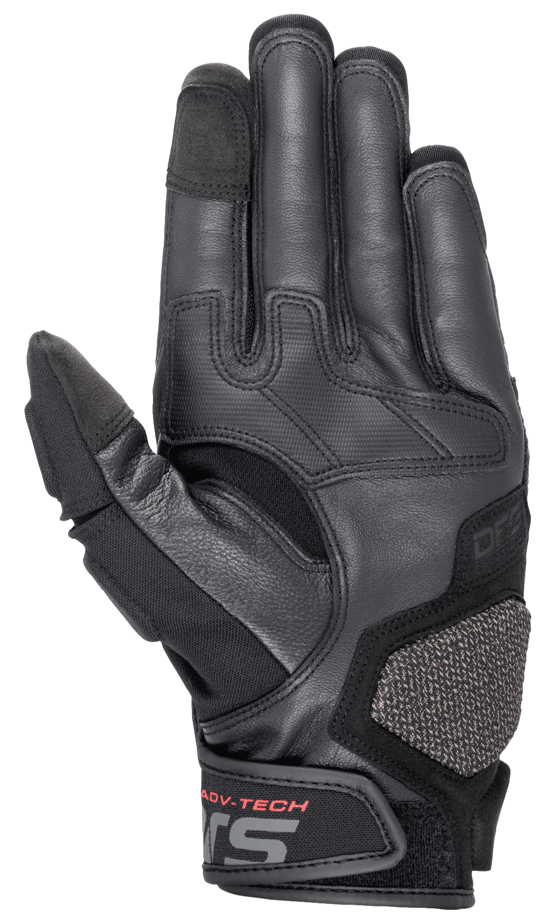 Alpinestars Halo läderhandskar, motorcykelhandskar för äventyrstouring, mörkblå och svarta, vy av handflatan med premium getläder, gummierade greppzoner, ARshield-landningsplatta och röd ADV-TECH-text på handledsstängningen.