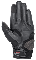 Alpinestars Halo läderhandskar, motorcykelhandskar för äventyrstouring, mörkblå och svarta, vy av handflatan med premium getläder, gummierade greppzoner, ARshield-landningsplatta och röd ADV-TECH-text på handledsstängningen.