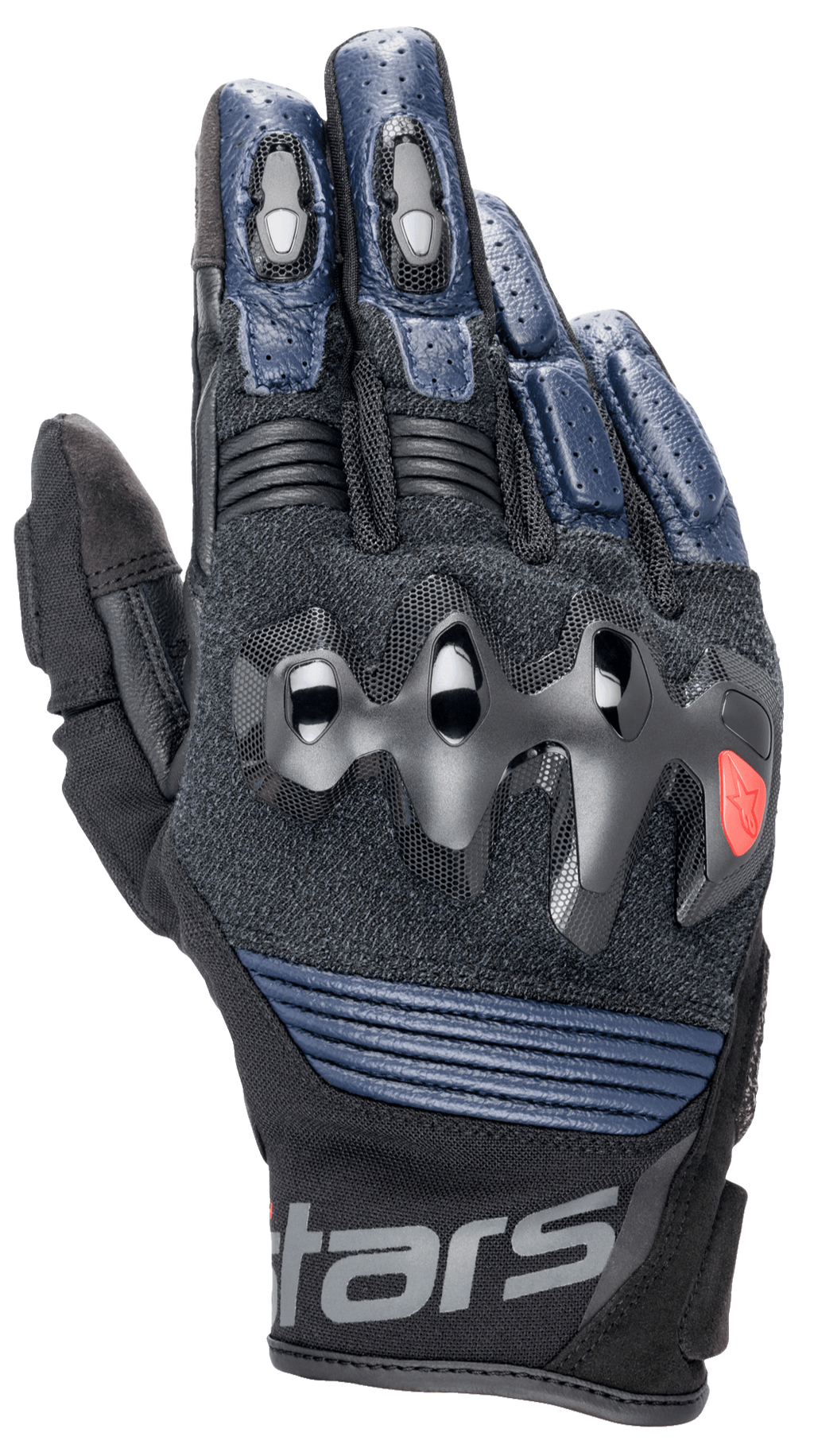 Alpinestars Halo Leather Gloves, motorcykelhandskar, mörkblå och svarta, med överinjicerat knogskydd, perforerade läderfingrar, meshpaneler för ventilation och kort manschettdesign med Alpinestars-branding